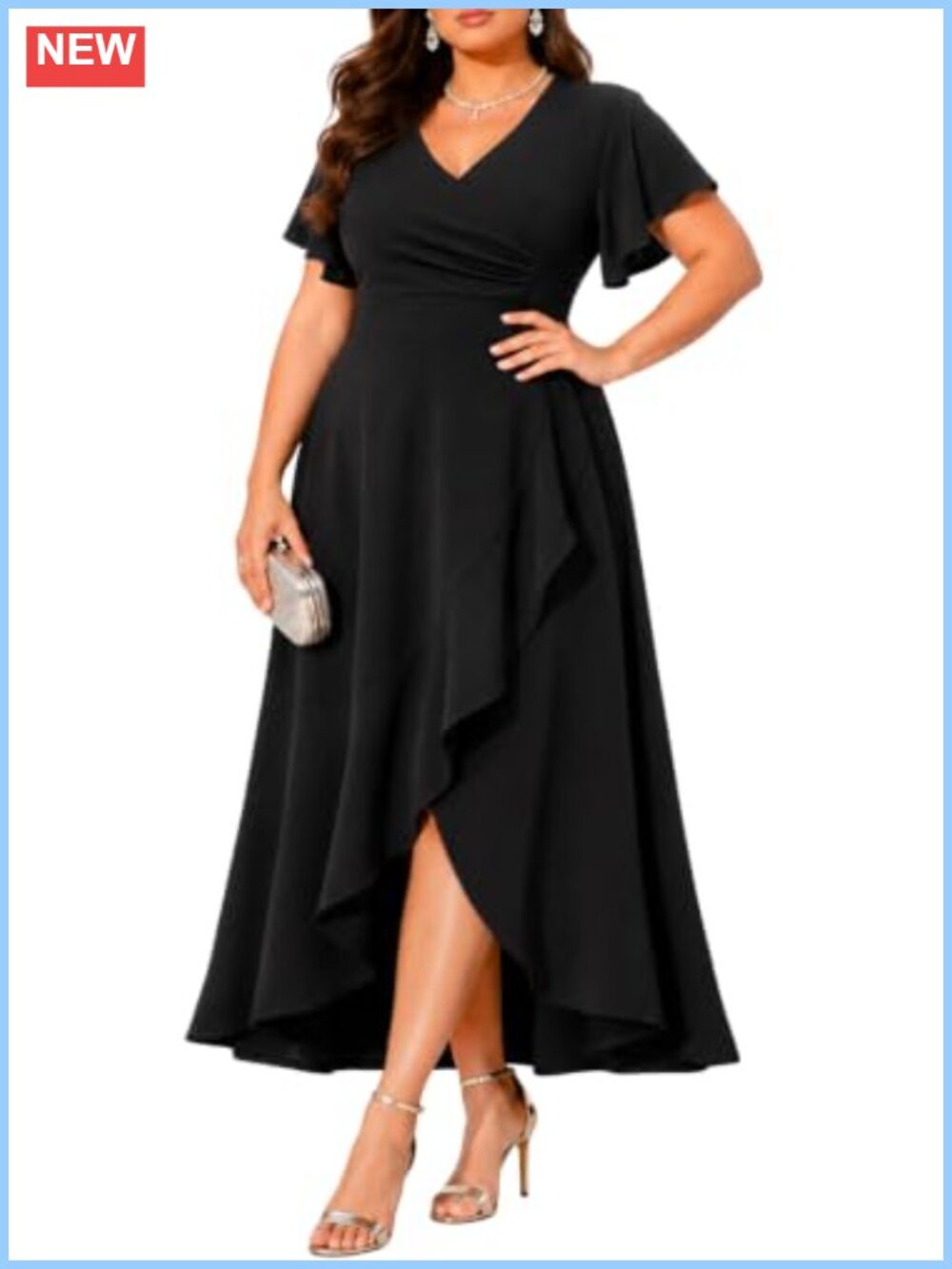Plus Size Formal Wedding Guest High Low Dress Ruffle Wrap V Neck